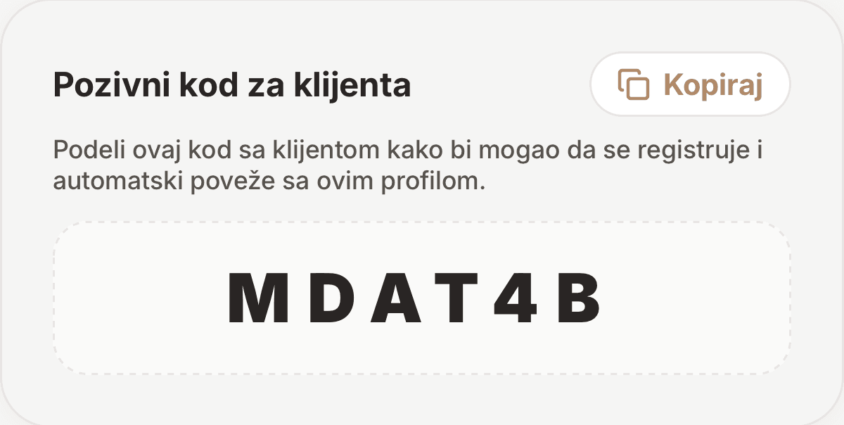 Pozivni kod za klijenta u aplikaciji, sa dugmetom Kopiraj