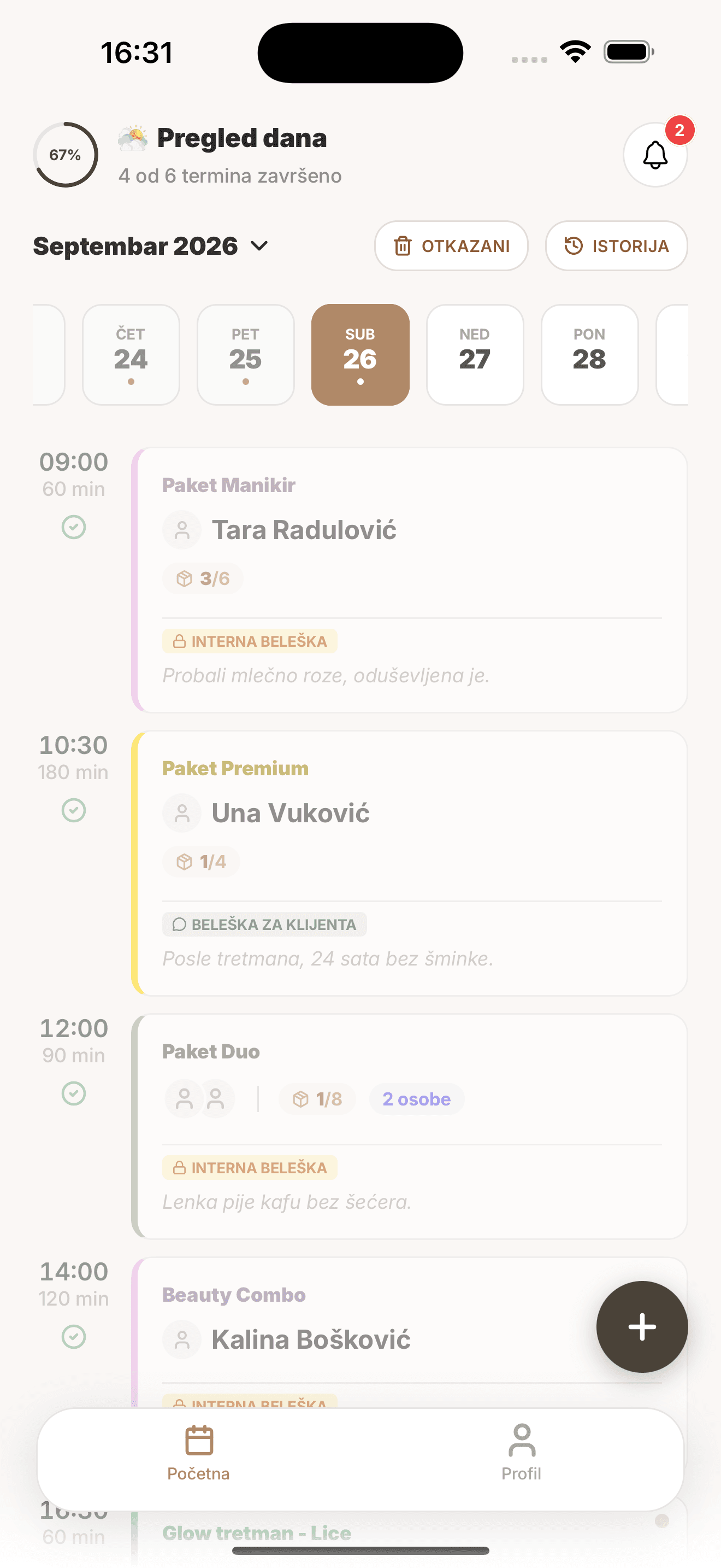 Početni ekran pružaoca usluga sa terminima za danas