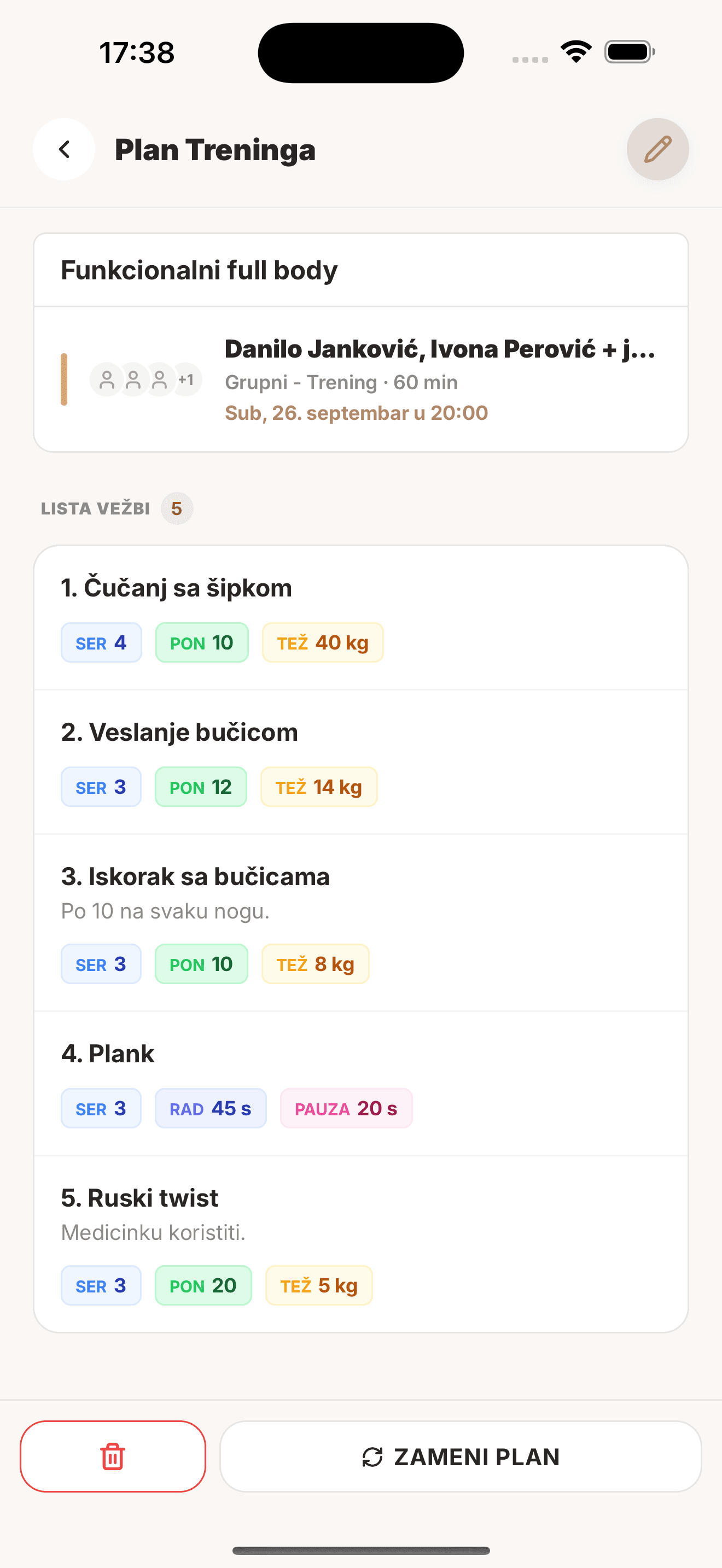 Plan treninga Funkcionalni full body na grupnom treningu, sa serijama, ponavljanjima, težinom i pauzom