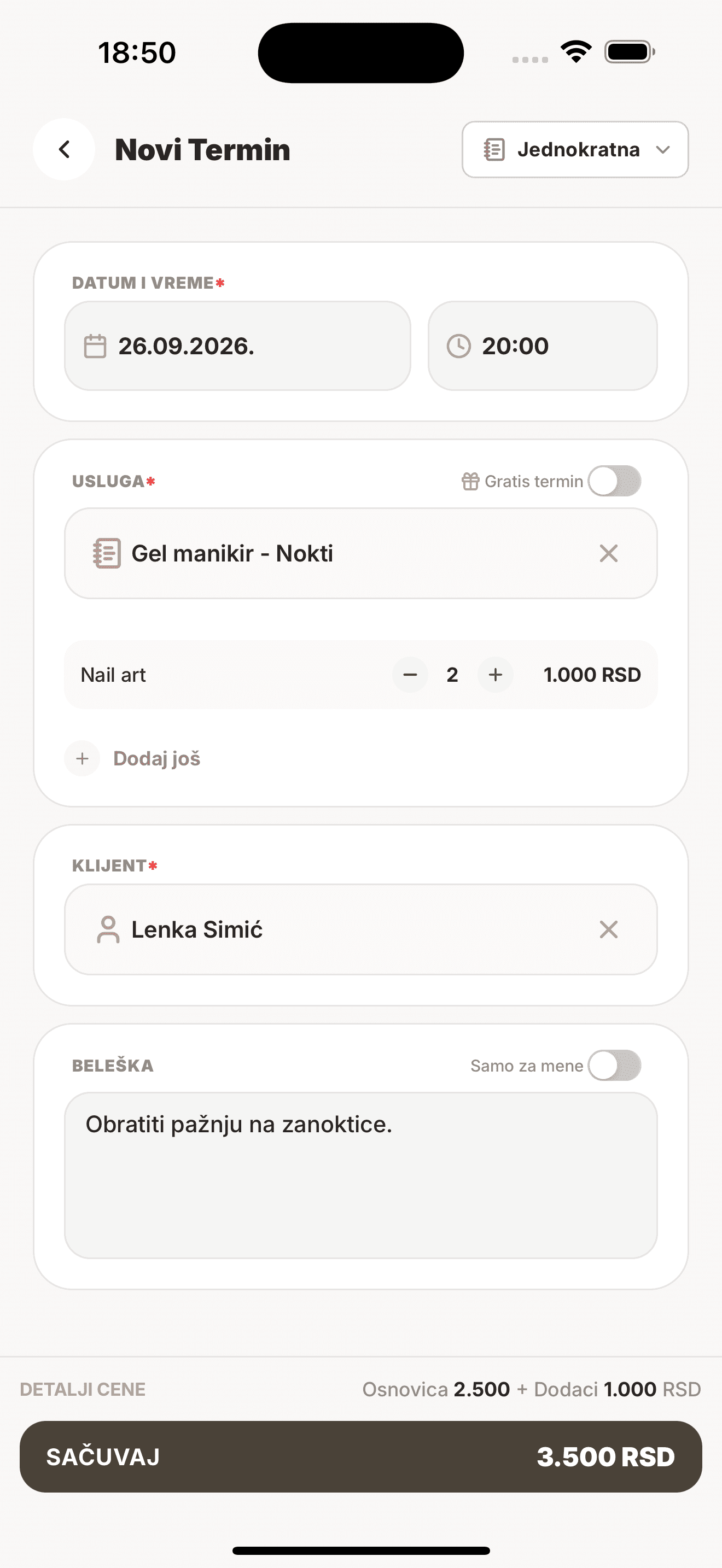 Forma novog termina: usluga sa dodatkom, klijent, beleška i ukupna cena 3.500 RSD