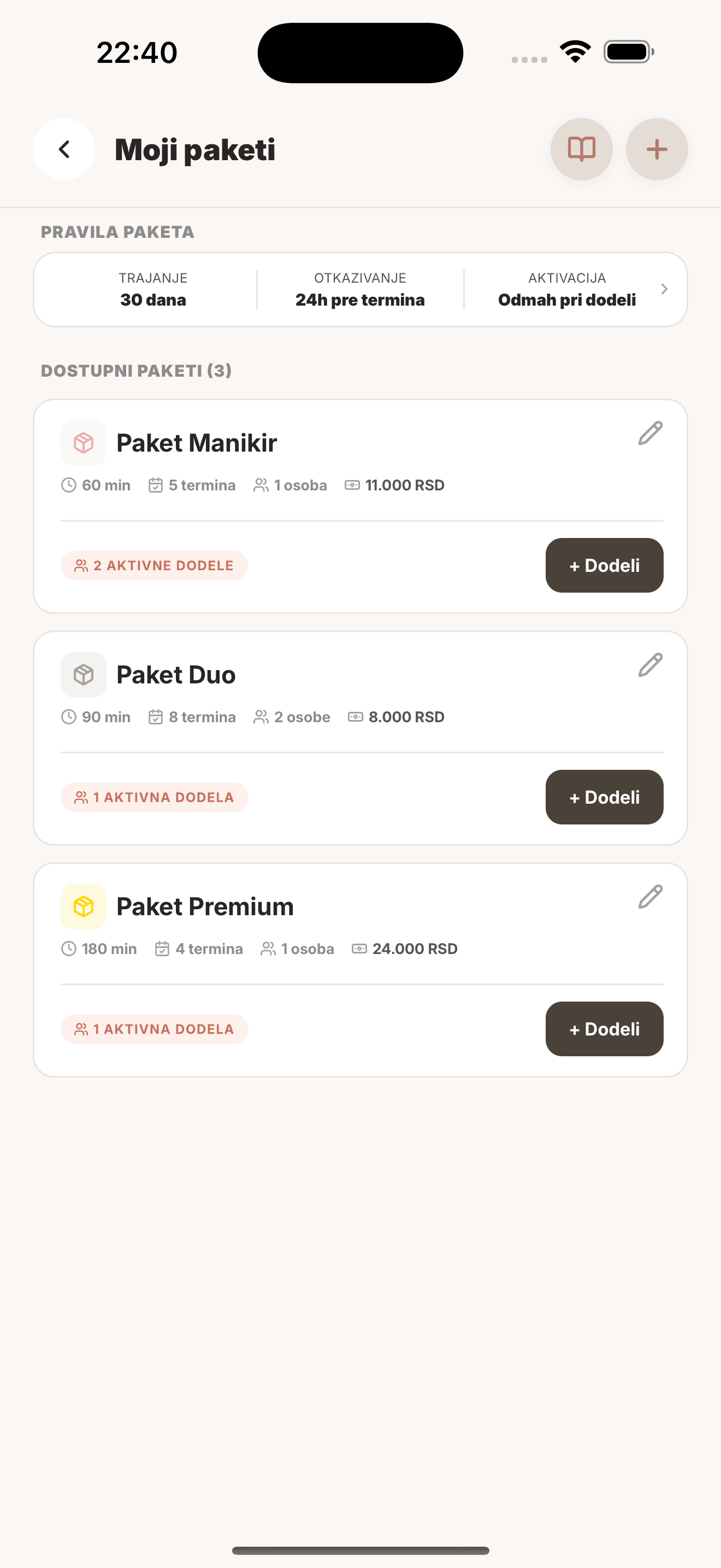 Moji paketi: pravila paketa i tri paketa sa cenom, brojem termina i aktivnim dodelama